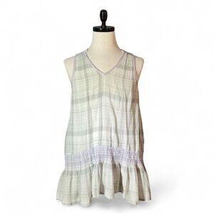 Free People Plaid Gauze Tunic Dress Mini Smocked Ruffle Lilac Trim XS
